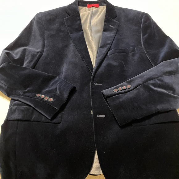 Navy velvet 40S Alfani blazer with red accents - Picture 4 of 7